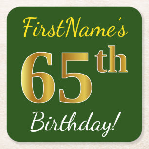 Porta-copo De Papel Quadrado Verde, Faux Dourado 65º aniversário + Nome Perso
