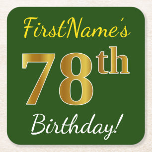 Porta-copo De Papel Quadrado Verde, Faux Dourado 78º aniversário + Nome Perso