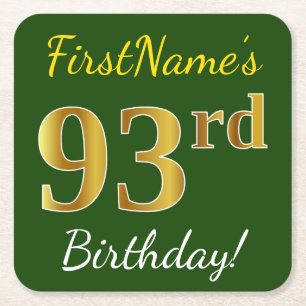 Porta-copo De Papel Quadrado Verde, Faux Dourado 93º Aniversário + Nome Perso