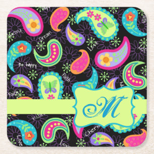 Porta-copo De Papel Quadrado Verde limão preto Paisley personalizado monograma