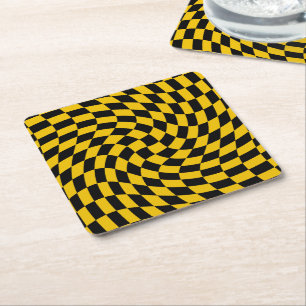 Porta-copo De Papel Quadrado Verificações Retrotorturadas em Amarelo Preto Veri