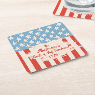 Porta-copo De Papel Quadrado Vermelho Branco e Azul Estrela e Faixa Nome da Fam
