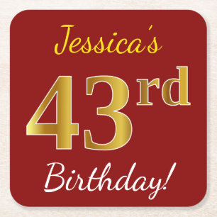Porta-copo De Papel Quadrado Vermelho, Faux Dourado 43º Aniversário + Nome Pe