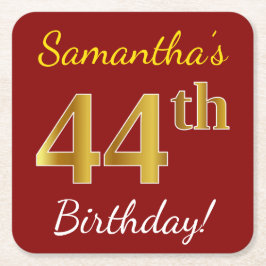 Porta-copo De Papel Quadrado Vermelho, Faux Dourado 44 Birthday + nome personal
