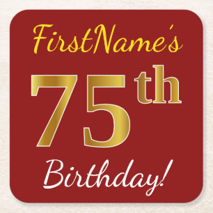 Porta-copo De Papel Quadrado Vermelho, Faux Dourado 75.º Aniversário + Nome P