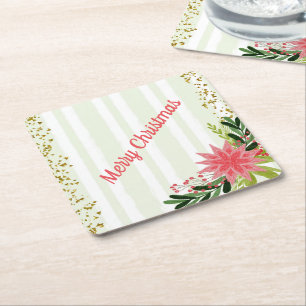 Porta-copo De Papel Quadrado Vermelho Verde Dourado Poinsettia de Natal Brilhan