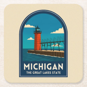 Porta-copo De Papel Quadrado Viagem Antiga Farol de Michigan Cenário Retro