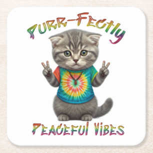 Porta-copo De Papel Quadrado Vibrações Pacíficas de Gatinho Boho Hippie 
