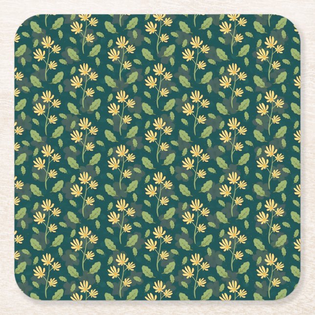 Porta-copo De Papel Quadrado Vibrant Green Pattern with Yellow Flowers & Leaves (Frente)
