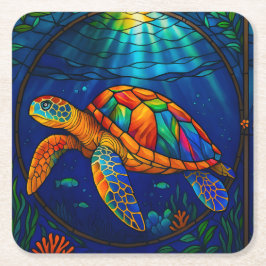 Porta-copo De Papel Quadrado Vibrant Stained Glass Sea Turtle Ocean Design