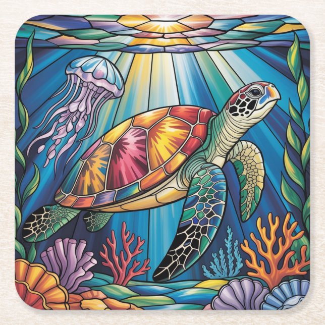 Porta-copo De Papel Quadrado Vibrant Stained Glass Sea Turtle Ocean Design (Frente)
