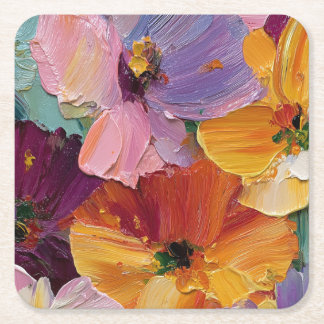 Porta-copo De Papel Quadrado Vibrante Pintura Floral em Impasto Suporte Quadrad