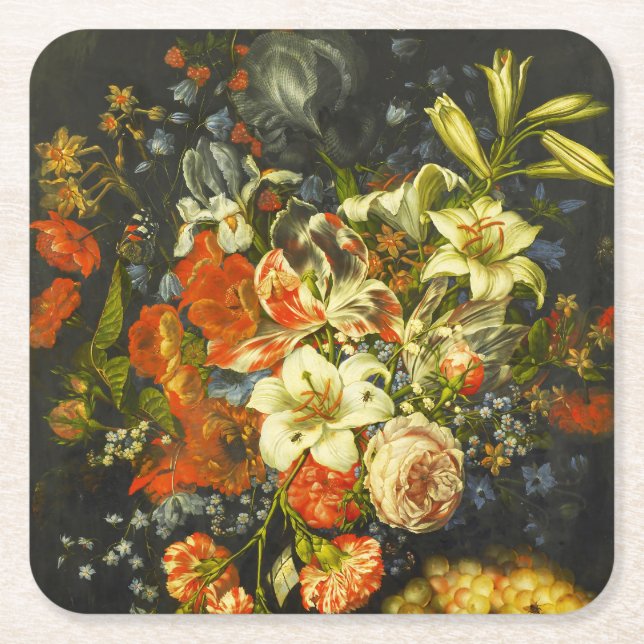 Porta-copo De Papel Quadrado Vida Estática com Flores e Frutas (Frente)