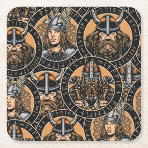 Porta-copo De Papel Quadrado Viking Warriors: Padrão Colorido de Vintage