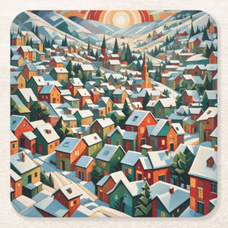 Porta-copo De Papel Quadrado village d'hiver sous la neige vintage