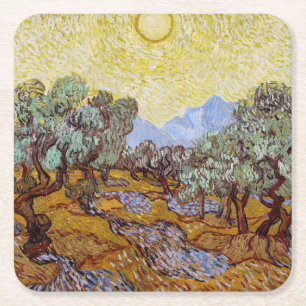 Porta-copo De Papel Quadrado Vincent van Gogh - Oliveiras, céu amarelo e sol