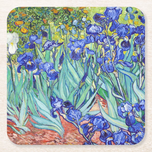 Porta-copo De Papel Quadrado Vincent Van Gogh pintando Íris (Frente)