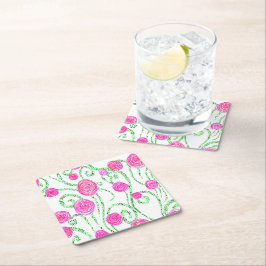 Porta-copo De Papel Quadrado Vinhas Verdes e Flores Rosa