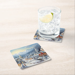 Porta-copo De Papel Quadrado Vintage, aldeia digital num dia de Natal.