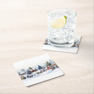 Porta-copo De Papel Quadrado Vintage, aldeia digital num dia de Natal.