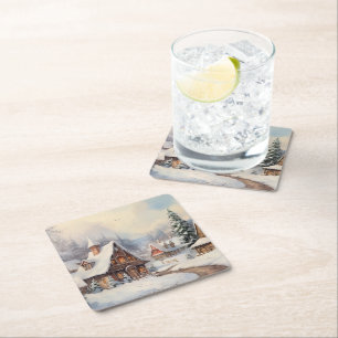 Porta-copo De Papel Quadrado Vintage, aldeia digital num dia de Natal.