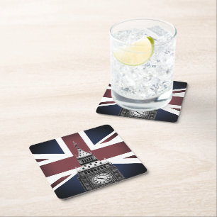 Porta-copo De Papel Quadrado Vintage British Flag & Big Ben, Londres, Reino Uni