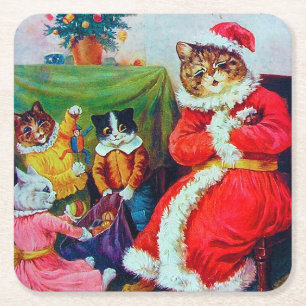 Porta-copo De Papel Quadrado Vintage Cat Christmas, Louis Wain
