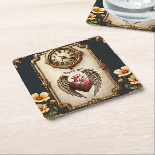 Porta-copo De Papel Quadrado Vintage elegance: um relógio elegante e coração.
