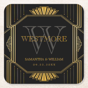 Porta-copo De Papel Quadrado Vintage Elegante Art Deco Casamento Dourado Negro