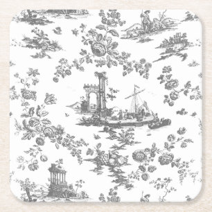 Porta-copo De Papel Quadrado Vintage English Floral Toile de Jouy Cinza