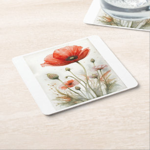 Porta-copo De Papel Quadrado Vintage Farmhouse Decor Red Poppy Garden Flor