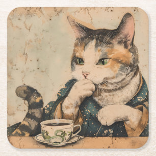 Porta-copo De Papel Quadrado Vintage, gato bonitinho de arte japonês com uma xí