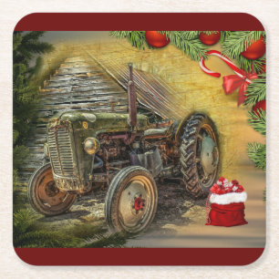 Porta-copo De Papel Quadrado Vintage Green Trator Barn Natal