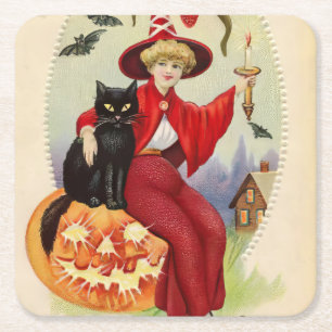 Porta-copo De Papel Quadrado Vintage Halloween Witness e Black Cat