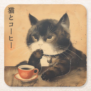 Porta-copo De Papel Quadrado Vintage Japan art gatinho com uma xícara de café