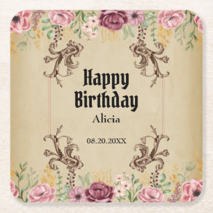 Porta-copo De Papel Quadrado Vintage Maroon Dourado Flor Parergia Aniversário