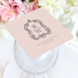 Porta-copo De Papel Quadrado Vintage Monogramas Crest Nomes Blush Pink Casament