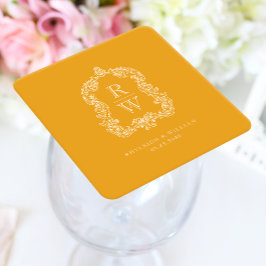 Porta-copo De Papel Quadrado Vintage Monographic Crest Marigold Yellow Wed