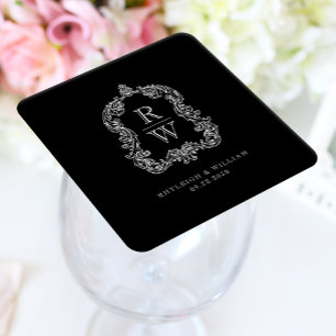 Porta-copo De Papel Quadrado Vintage Monographic Crest Names Black White Casame
