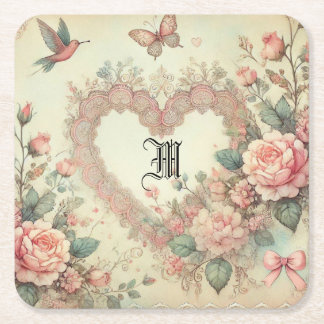 Porta-copo De Papel Quadrado Vintage Pastel Watercolor Boho Floral Hearts