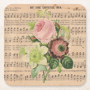 Porta-copo De Papel Quadrado Vintage Peonies e Sheet Music