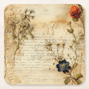 Porta-copo De Papel Quadrado Vintage - Pergaminho - Carta de Amor com Flores (5