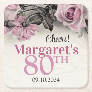 Porta-copo De Papel Quadrado Vintage Pink Roses 80 Birthday