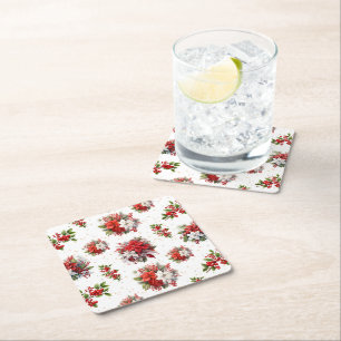 Porta-copo De Papel Quadrado Vintage Poinsettias E Holly Christmas White