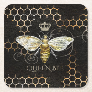 Porta-copo De Papel Quadrado Vintage Queen Bee Royal Crown Honeycomb Black