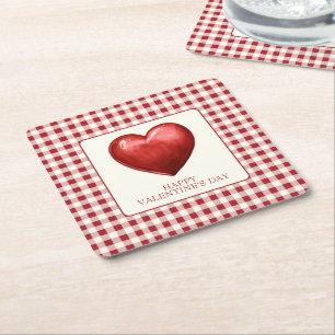 Porta-copo De Papel Quadrado Vintage Red e Cream Gingham com Coração