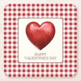 Porta-copo De Papel Quadrado Vintage Red e Cream Gingham com Coração