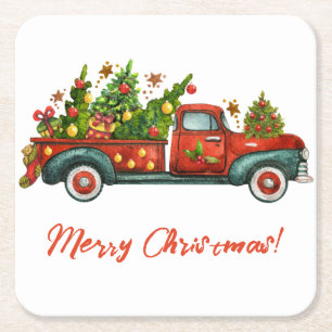 Porta-copo De Papel Quadrado Vintage Red Truck Feliz Árvore de Natal Saudação