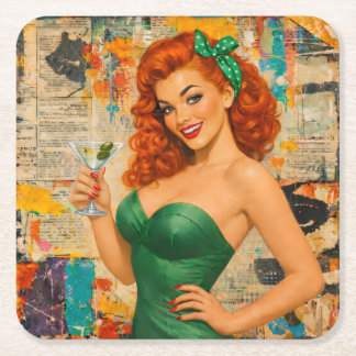 Porta-copo De Papel Quadrado Vintage Redhead Pin-Up Martini Girl – Retro Glam