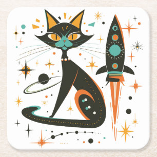 Porta-copo De Papel Quadrado Vintage Retro MCM Gato Espaçonave Estrelas Planeta